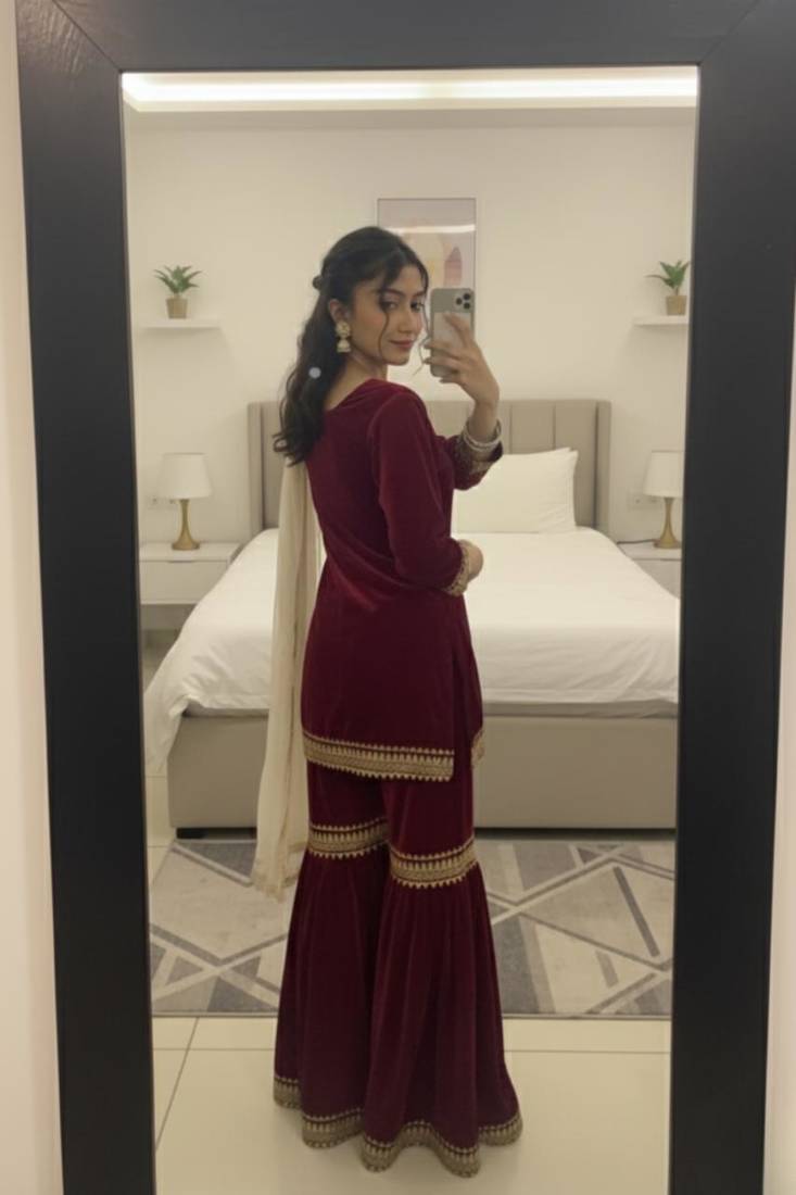 Maroon Velvet Kurta Set with Dupatta