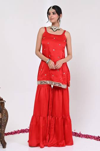 Red satin aaina garara set