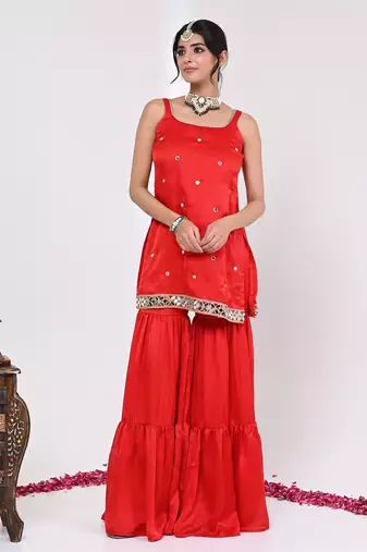 Red satin aaina garara set