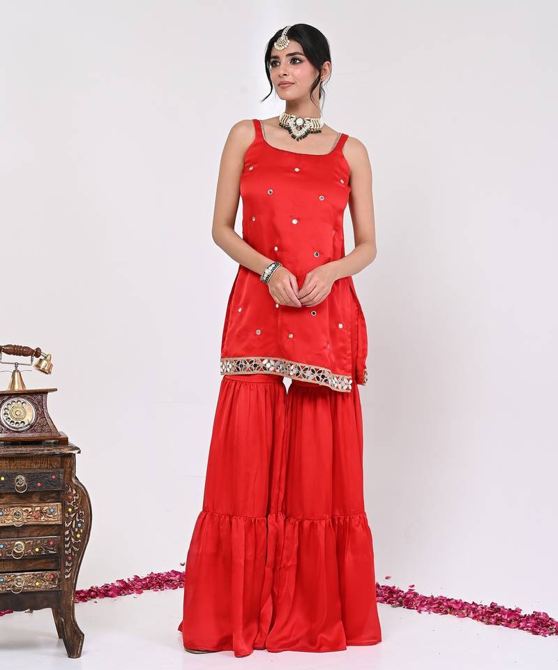 Red satin aaina garara set