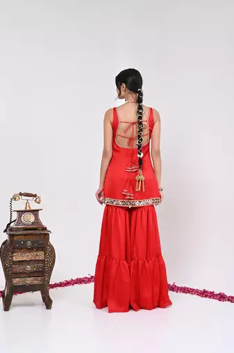 Red satin aaina garara set