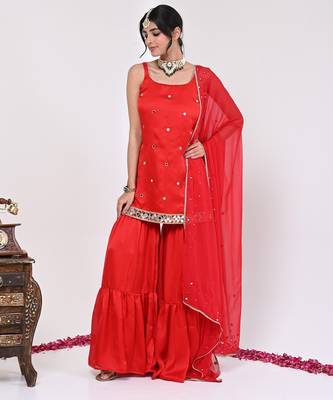 Red satin aaina garara set 3