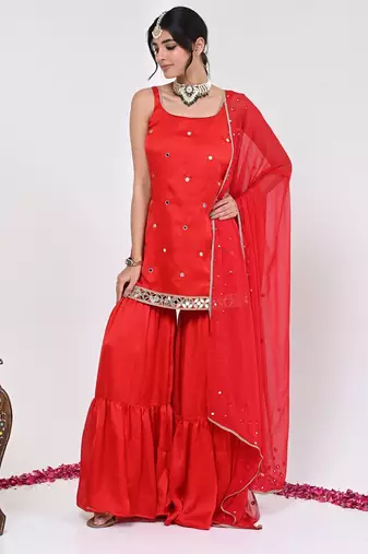 Red satin aaina garara set