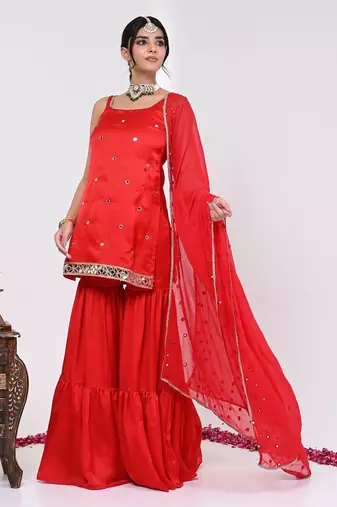 Red satin aaina garara set