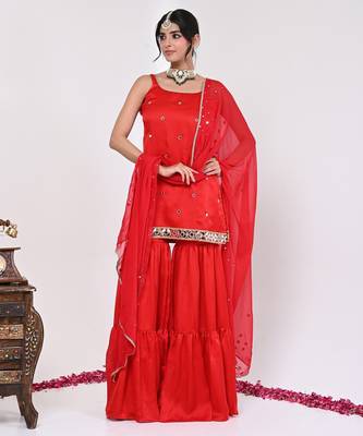 Red satin aaina garara set 5