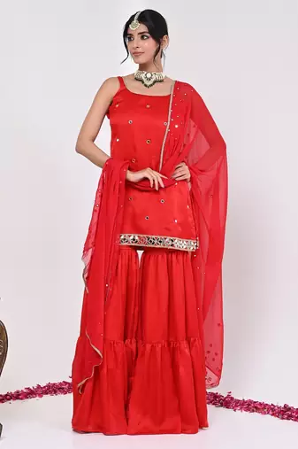 Red satin aaina garara set