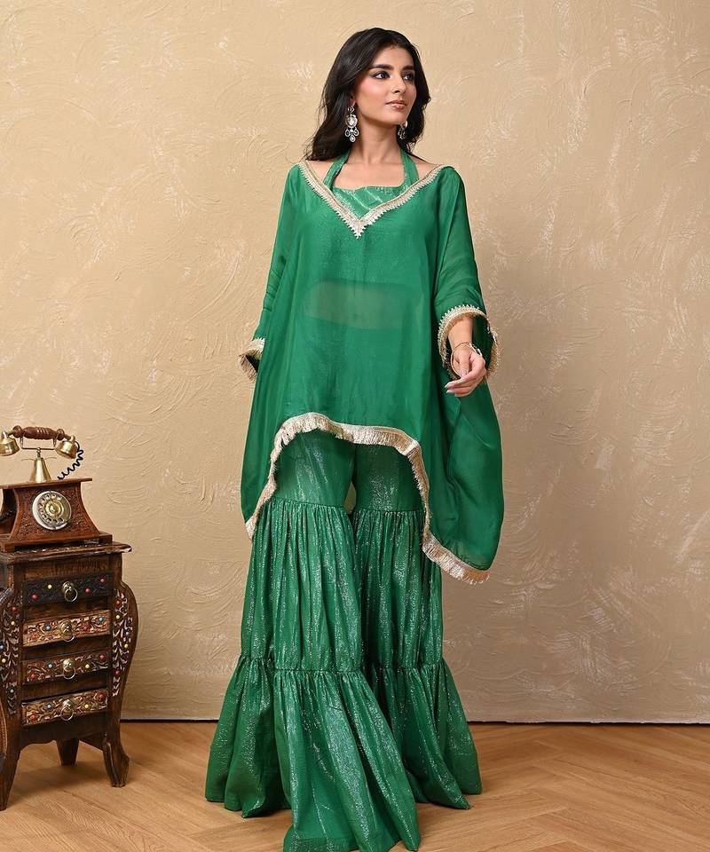 Green organza lurex kaftan set