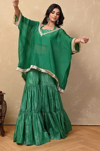 Green organza lurex kaftan set
