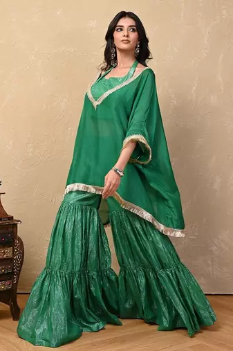 Green organza lurex kaftan set