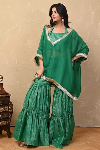 Green organza lurex kaftan set