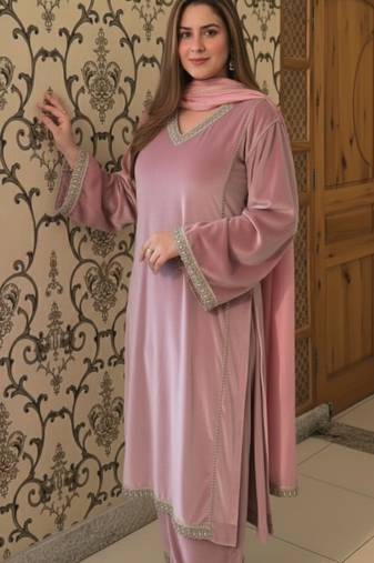 Lavender Velvet Straight Salwar Suit Set with Georgette Dupatta