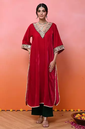 Pink velvet aaina kurta set