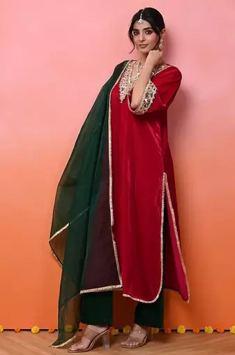 Pink velvet aaina kurta set
