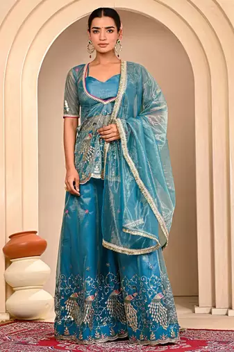 Blue embroidered sharara set