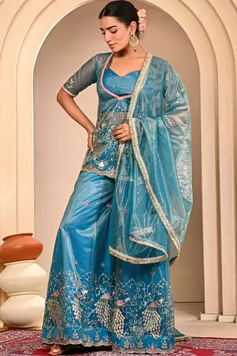 Blue embroidered sharara set