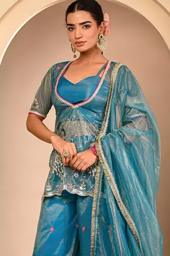Blue embroidered sharara set