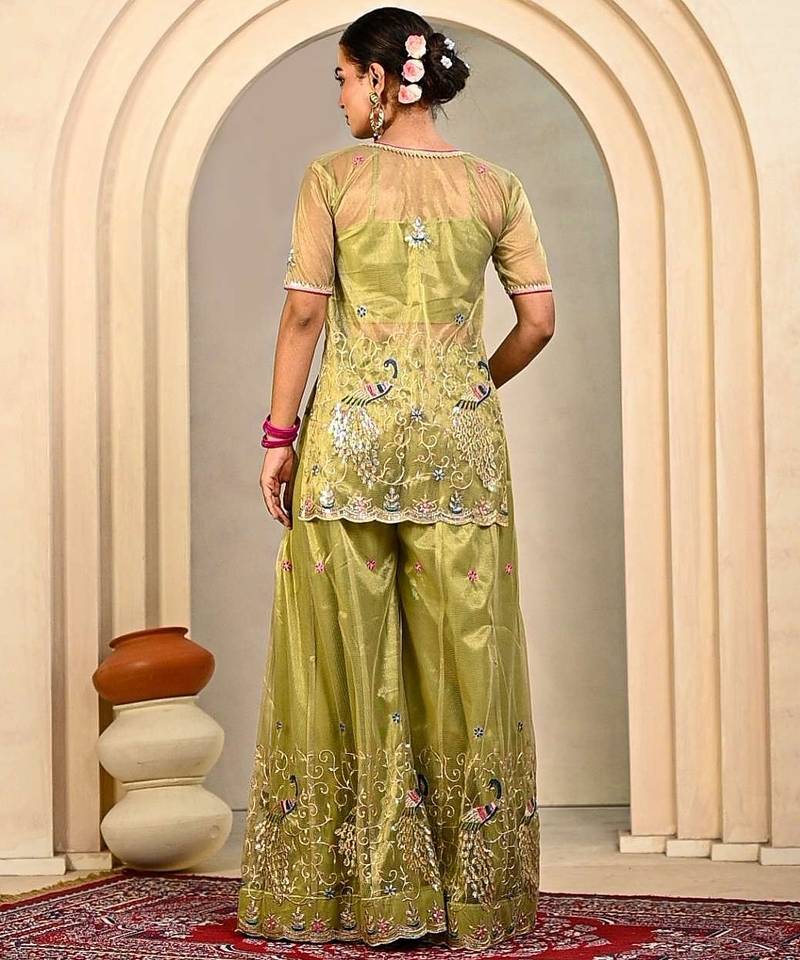 Mint green embroidered sharara set
