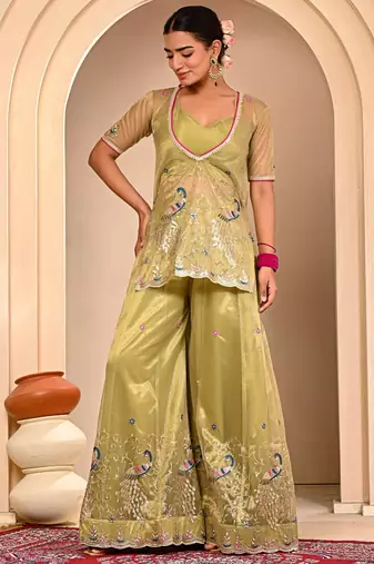 Mint green embroidered sharara set