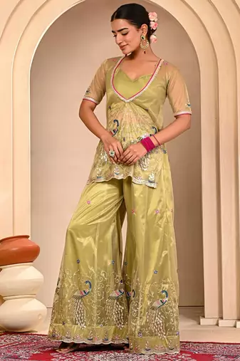 Mint green embroidered sharara set