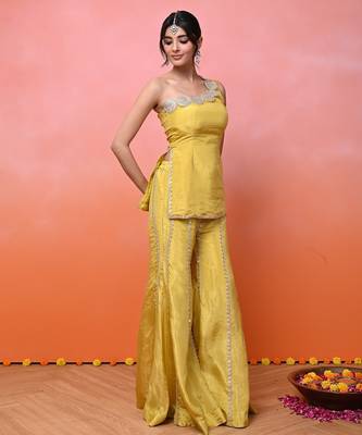 Yellow one shoulder sharara set 4