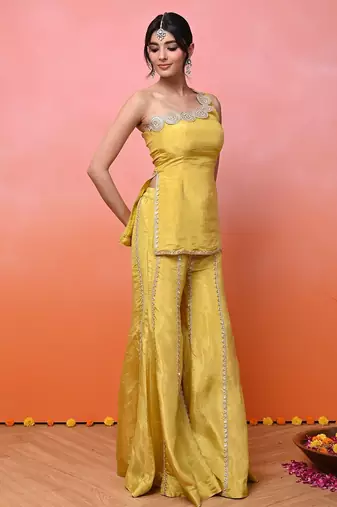 Yellow one shoulder sharara set