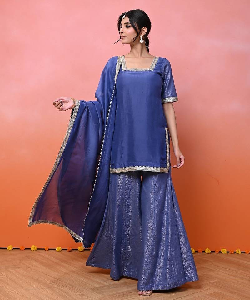 Blue organza lurex sharara set