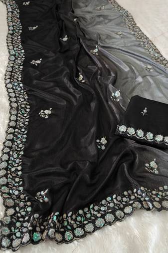 elegant black chiffon saree with heavy designer sequins & thread work and silk blend blend blouse