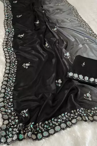 elegant black chiffon saree with heavy designer sequins & thread work and silk blend blend blouse