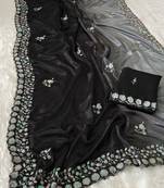 elegant black chiffon saree with heavy designer sequins & thread work and silk blend blend blouse