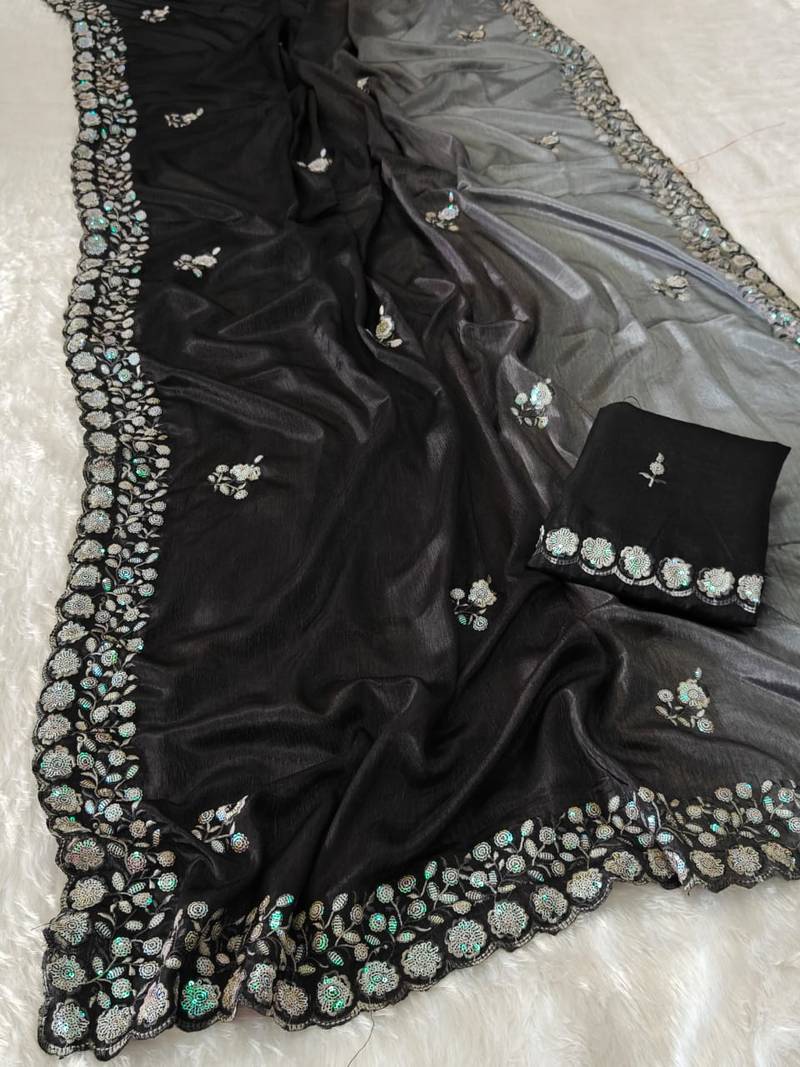 elegant black chiffon saree with heavy designer sequins & thread work and silk blend blend blouse