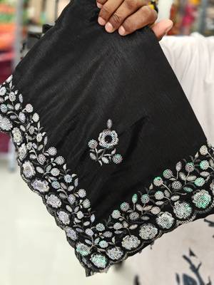 elegant black chiffon saree with heavy designer sequins & thread work and silk blend blend blouse 2