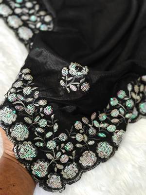 elegant black chiffon saree with heavy designer sequins & thread work and silk blend blend blouse 3