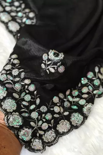 elegant black chiffon saree with heavy designer sequins & thread work and silk blend blend blouse