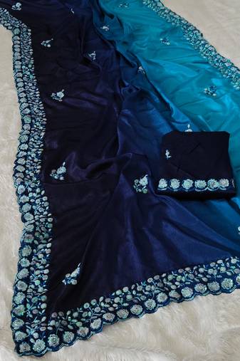 elegant blue chiffon saree with heavy designer sequins & thread work and silk blend blend blouse