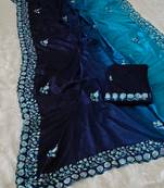 elegant blue chiffon saree with heavy designer sequins & thread work and silk blend blend blouse