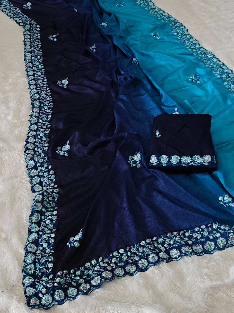 elegant blue chiffon saree with heavy designer sequins & thread work and silk blend blend blouse