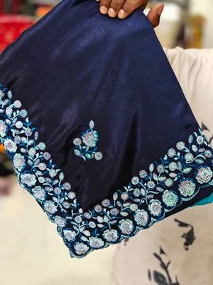 elegant blue chiffon saree with heavy designer sequins & thread work and silk blend blend blouse 2
