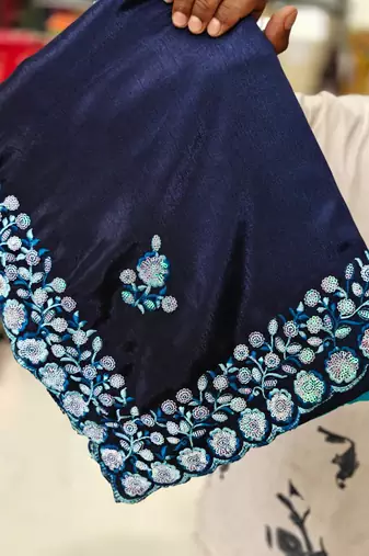 elegant blue chiffon saree with heavy designer sequins & thread work and silk blend blend blouse