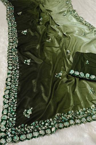 elegant green chiffon saree with heavy designer sequins & thread work and silk blend blend blouse