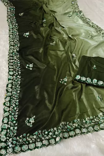 elegant green chiffon saree with heavy designer sequins & thread work and silk blend blend blouse