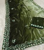 elegant green chiffon saree with heavy designer sequins & thread work and silk blend blend blouse