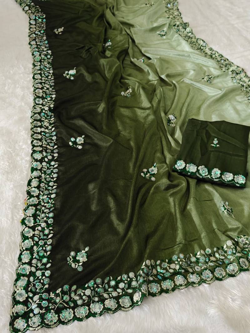 elegant green chiffon saree with heavy designer sequins & thread work and silk blend blend blouse