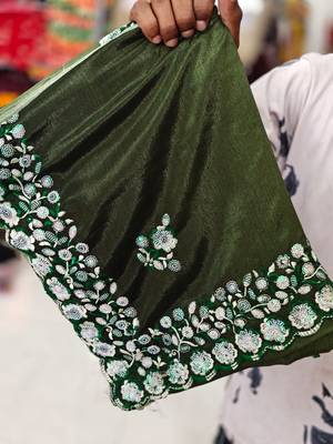 elegant green chiffon saree with heavy designer sequins & thread work and silk blend blend blouse 2