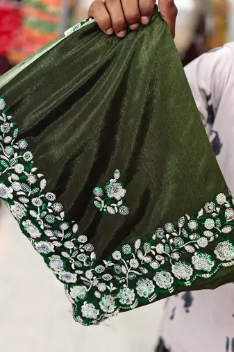 elegant green chiffon saree with heavy designer sequins & thread work and silk blend blend blouse