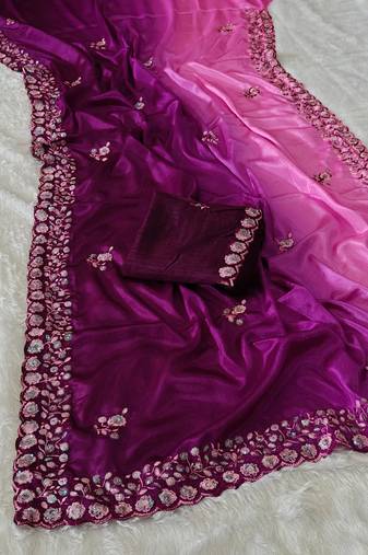 elegant purple chiffon saree with heavy designer sequins & thread work and silk blend blend blouse