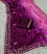 elegant purple chiffon saree with heavy designer sequins & thread work and silk blend blend blouse