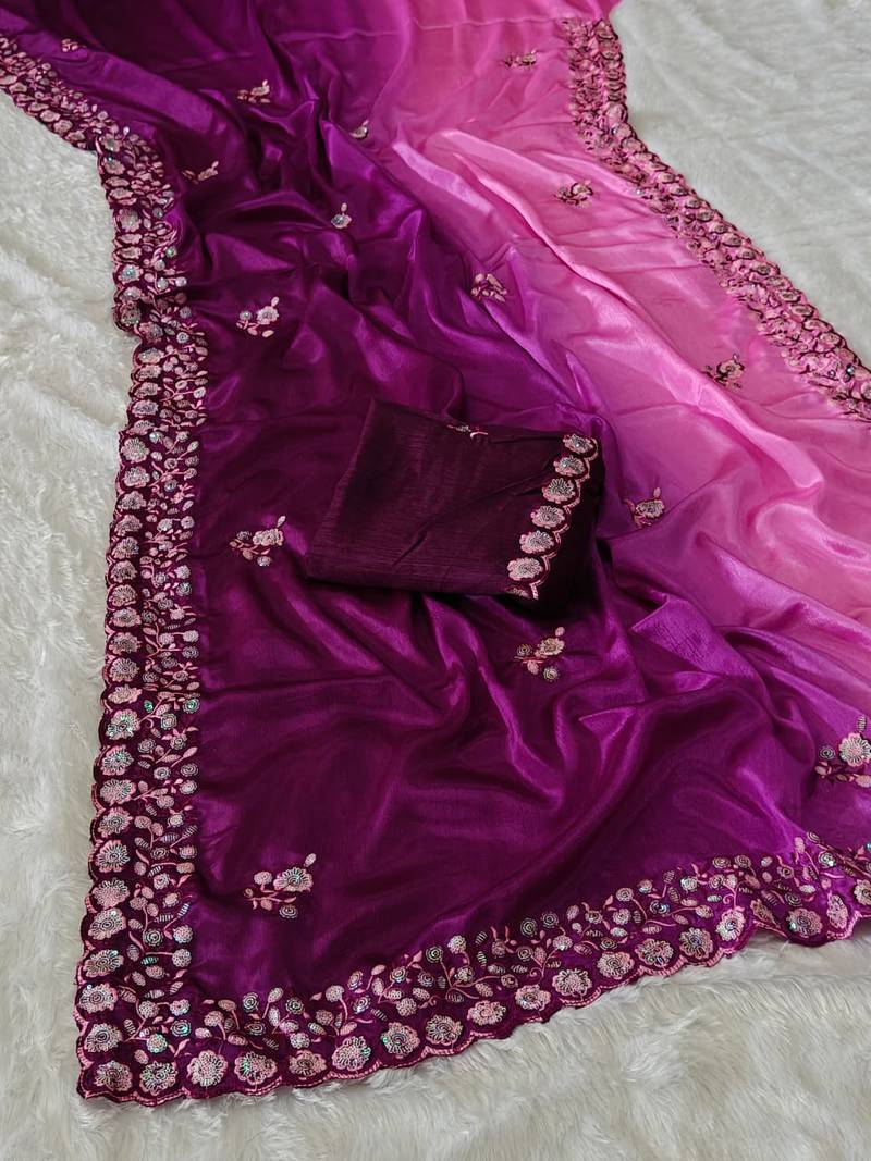 elegant purple chiffon saree with heavy designer sequins & thread work and silk blend blend blouse