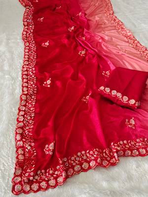 elegant red chiffon saree with heavy designer sequins & thread work and silk blend blend blouse 1