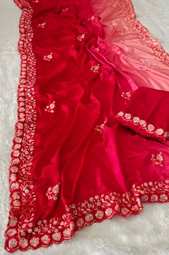 elegant red chiffon saree with heavy designer sequins & thread work and silk blend blend blouse
