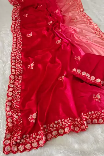 elegant red chiffon saree with heavy designer sequins & thread work and silk blend blend blouse